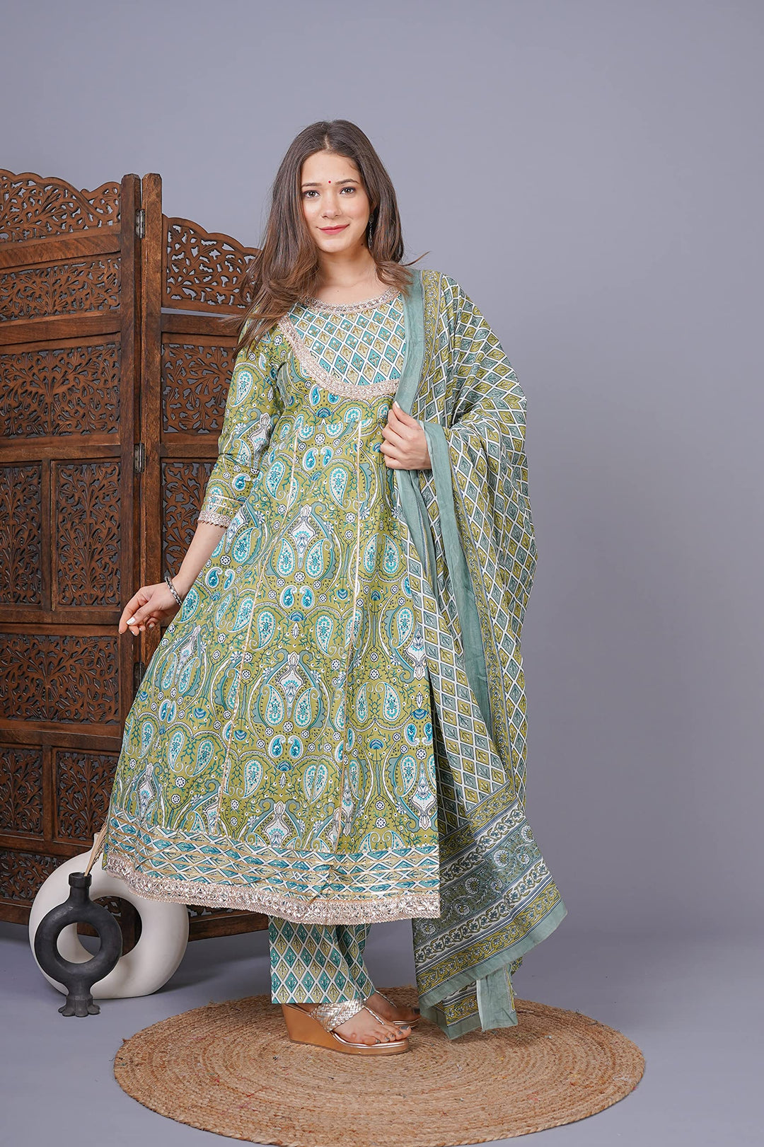 Phoolpatti Cotton Printed Anarkali Set With Work Details