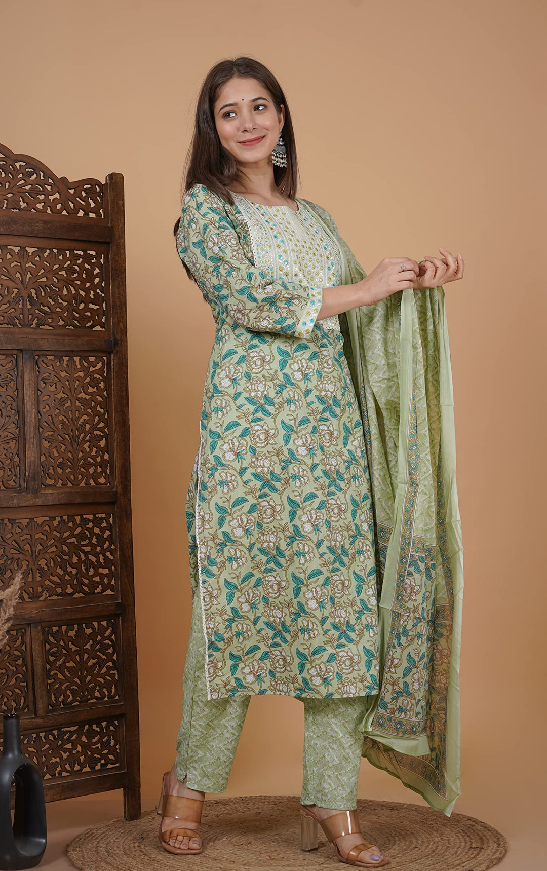 Women's Cotton Printed Printed Straight Embroidery Kurta With Palazzo & Dupatta Set