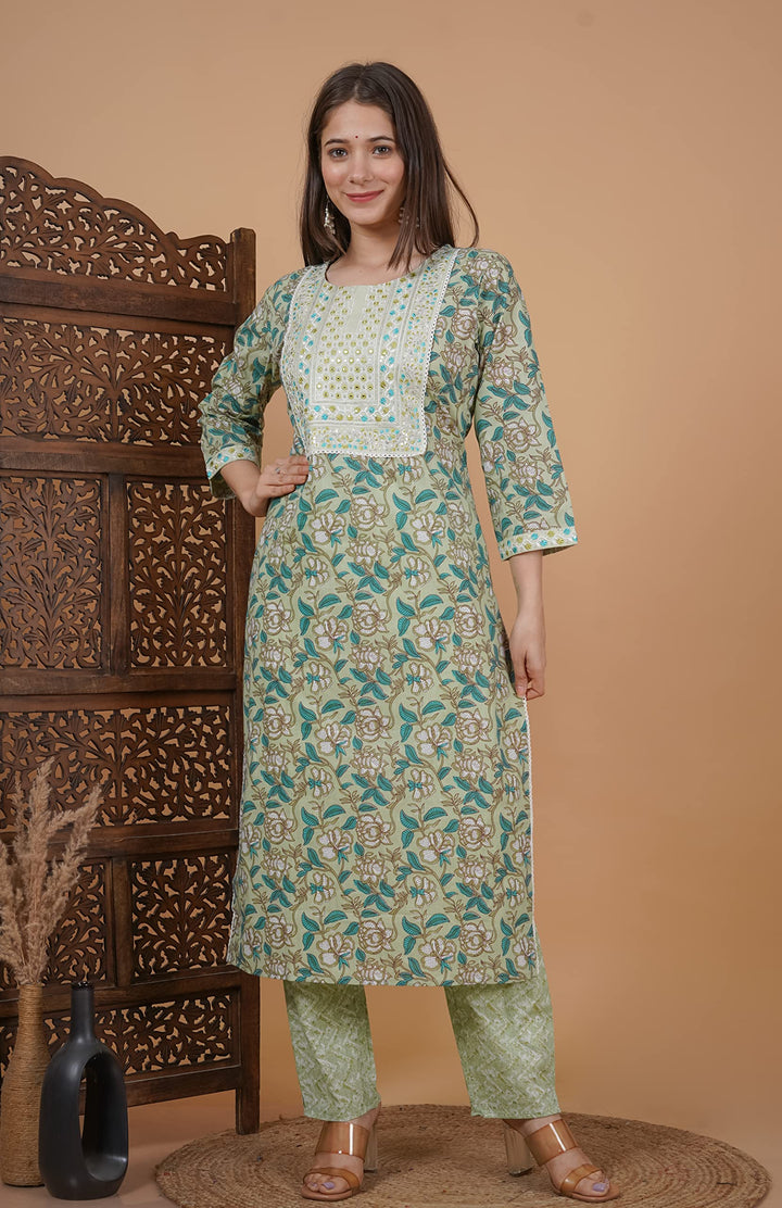 Women's Cotton Printed Printed Straight Embroidery Kurta With Palazzo & Dupatta Set