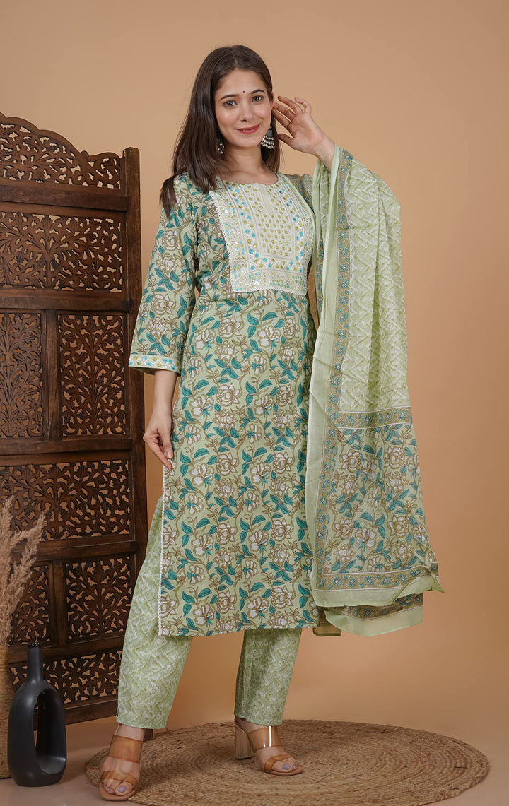 Women's Cotton Printed Printed Straight Embroidery Kurta With Palazzo & Dupatta Set