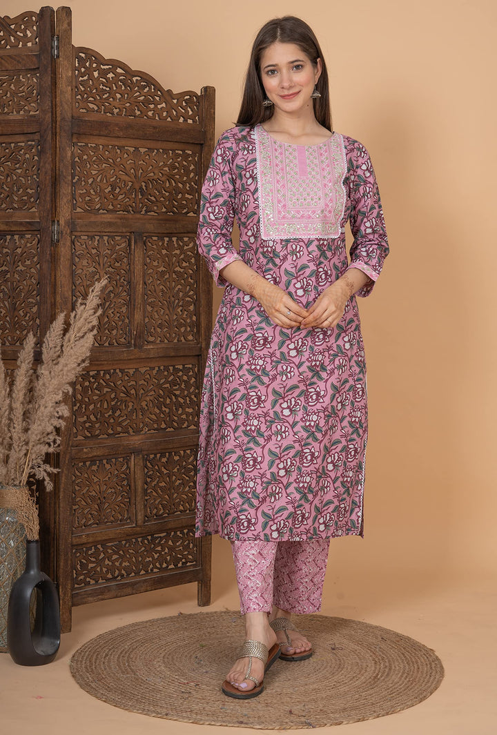 Women's Cotton Printed Printed Straight Embroidery Kurta With Palazzo & Dupatta Set