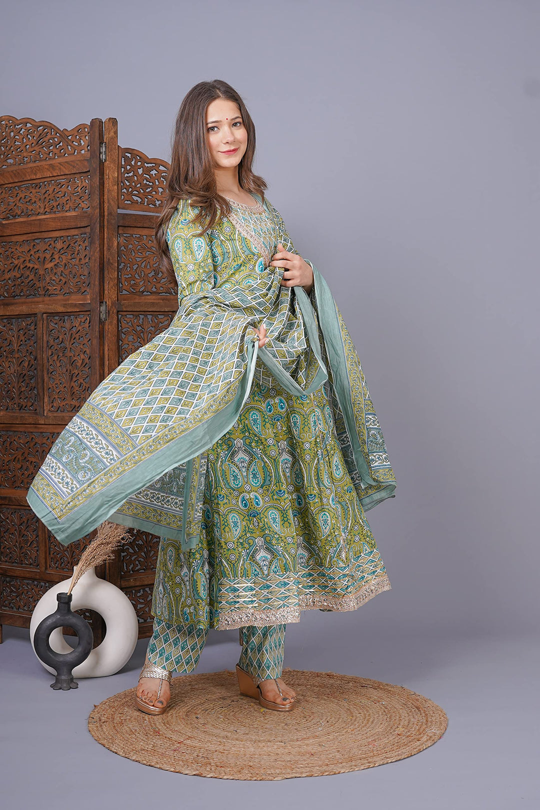 Phoolpatti Cotton Printed Anarkali Set With Work Details