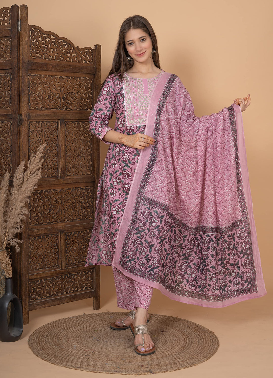 Women's Cotton Printed Printed Straight Embroidery Kurta With Palazzo & Dupatta Set