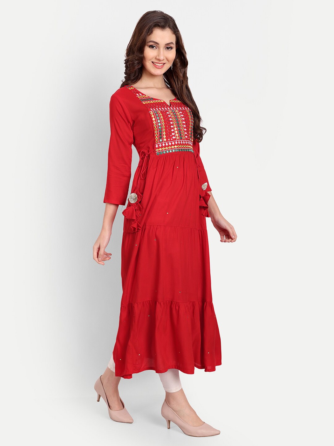 red Embellished Mirror Work Rayon Anarkali Kurta