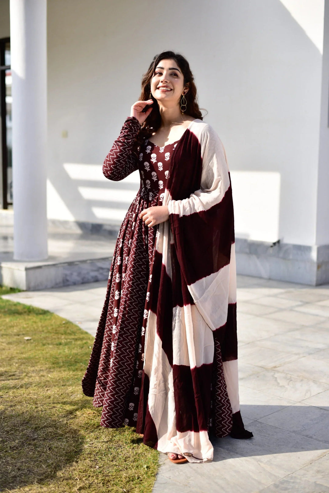 Wine Flared Gown with Dupatta