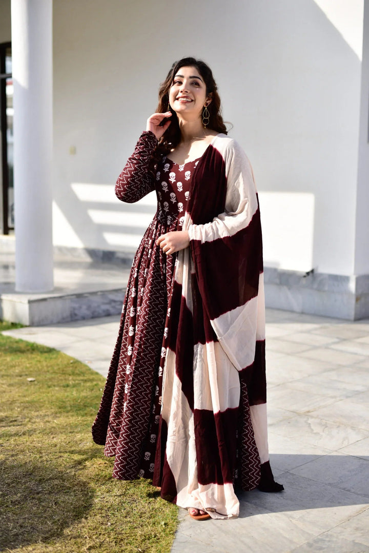 Wine Flared Gown with Dupatta