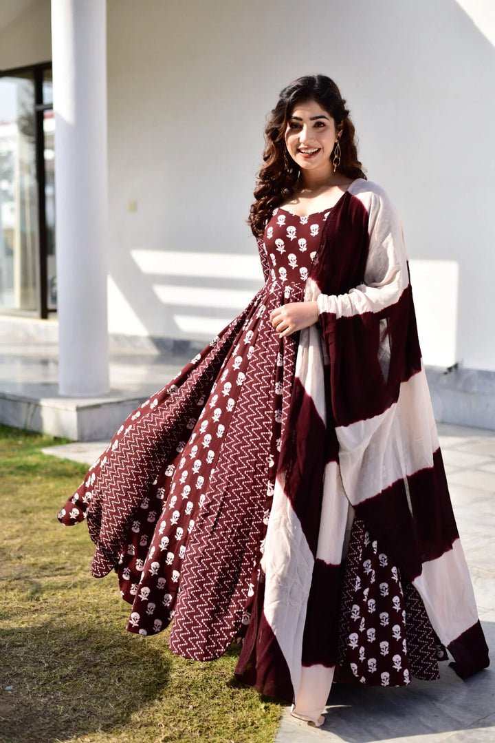 Wine Flared Gown with Dupatta