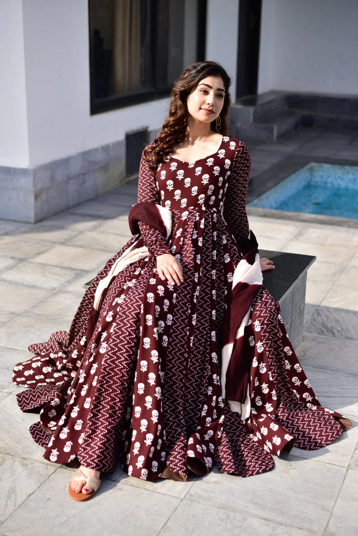 Wine Flared Gown with Dupatta