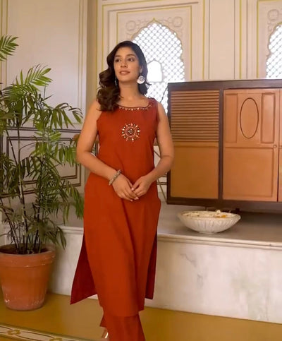 Dori Style Embroidery Work A-Line Kurti Pant Set