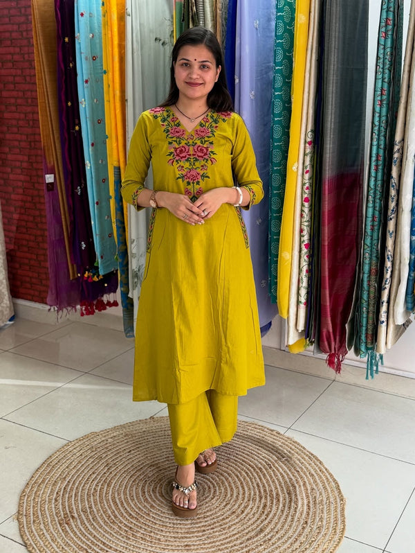 Elegant Mustard Yellow Embroidered Kurta Pant Set for Women
