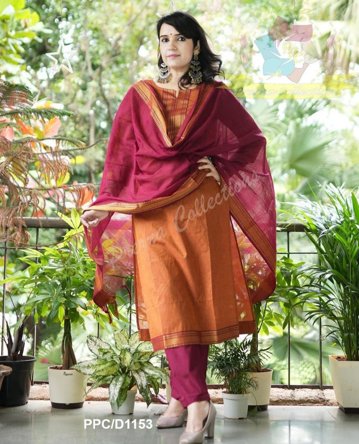 South Indian Pure Cotton Rust Orange Kurti Set