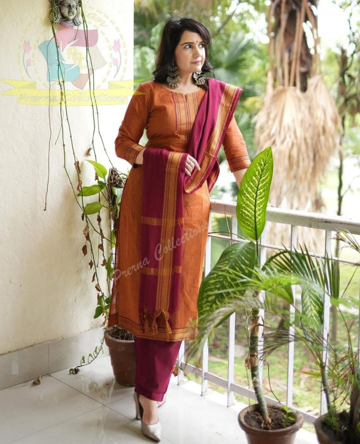 South Indian Pure Cotton Rust Orange Kurti Set