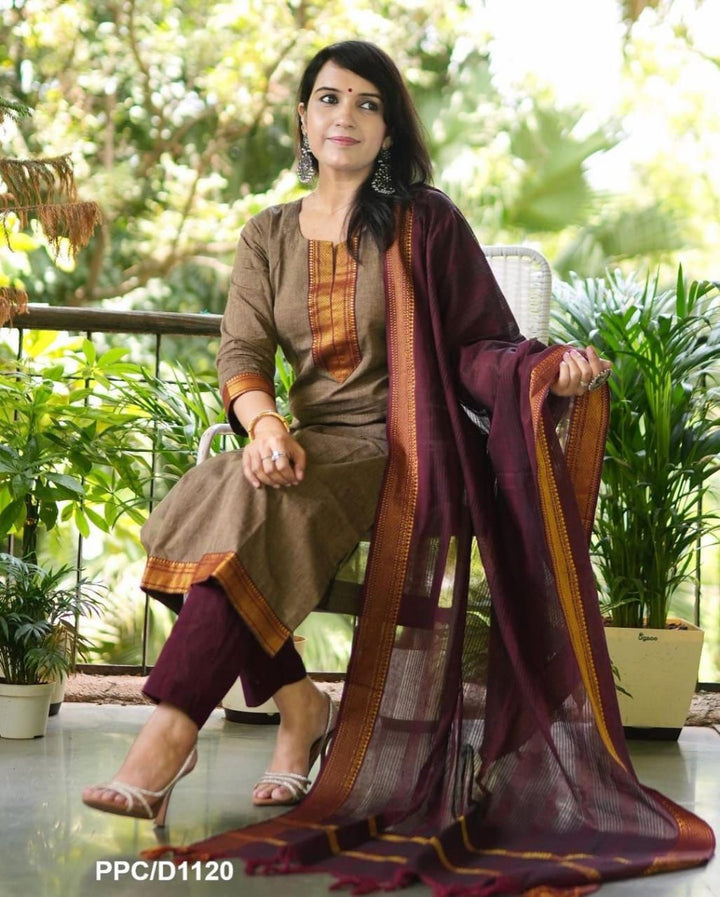 South Indian Pure Cotton Gold & Brown Kurti Set