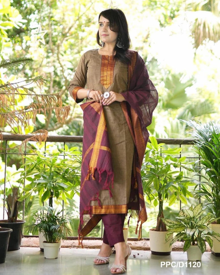 South Indian Pure Cotton Gold & Brown Kurti Set