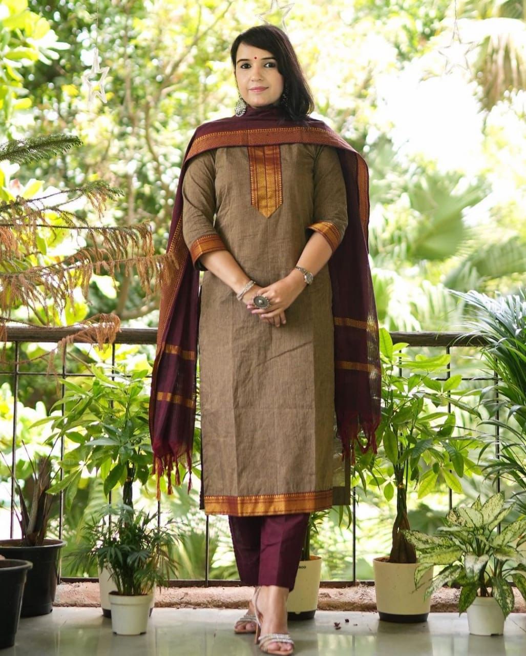 South Indian Pure Cotton Gold & Brown Kurti Set