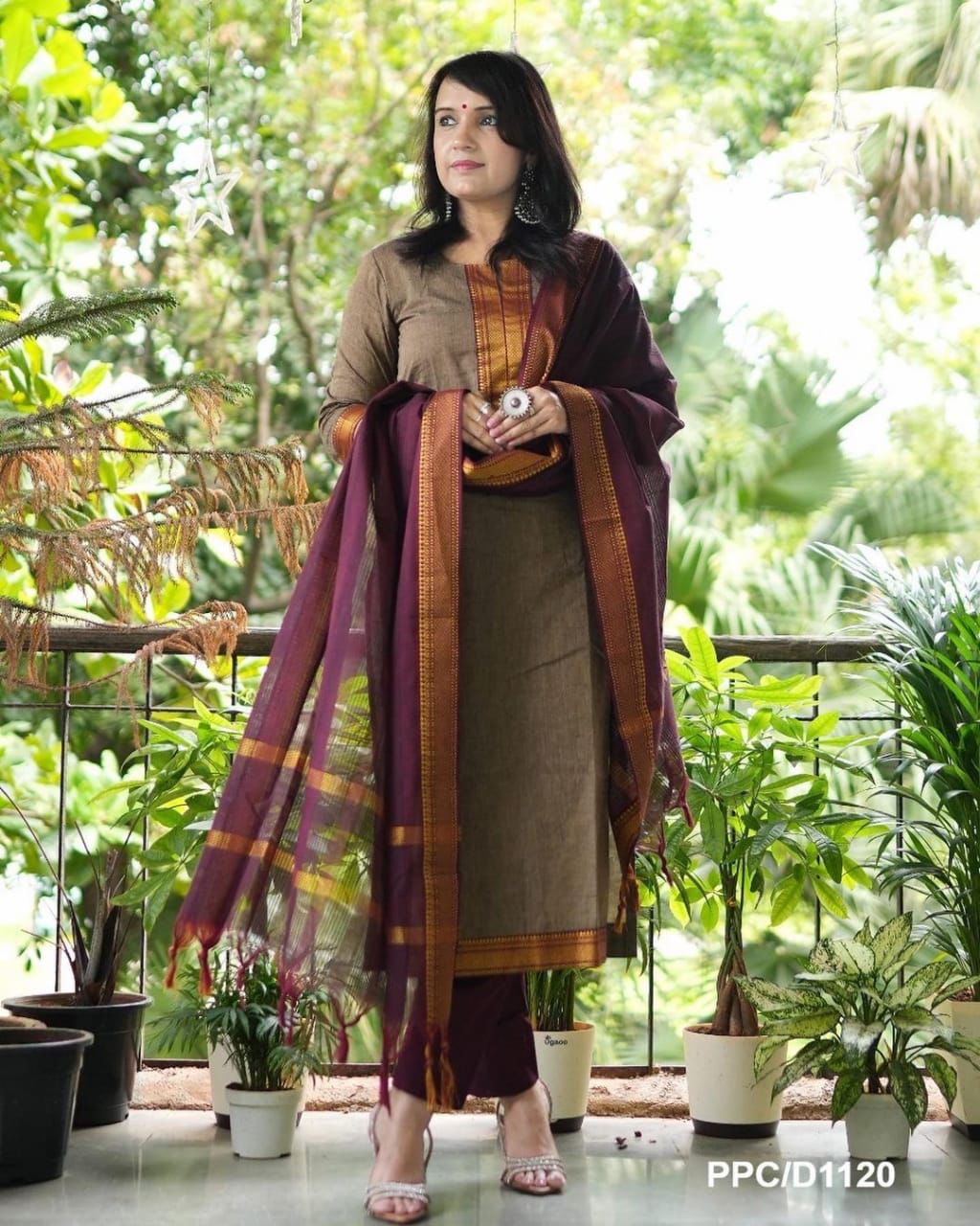 South Indian Pure Cotton Gold & Brown Kurti Set