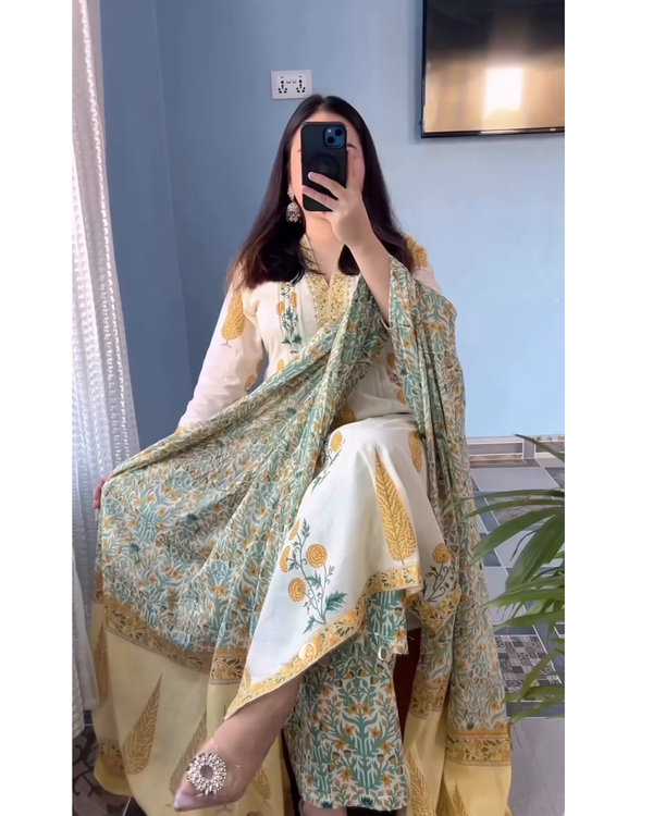 Yellow Floral Printed Kurta Set with Matching Dupatta