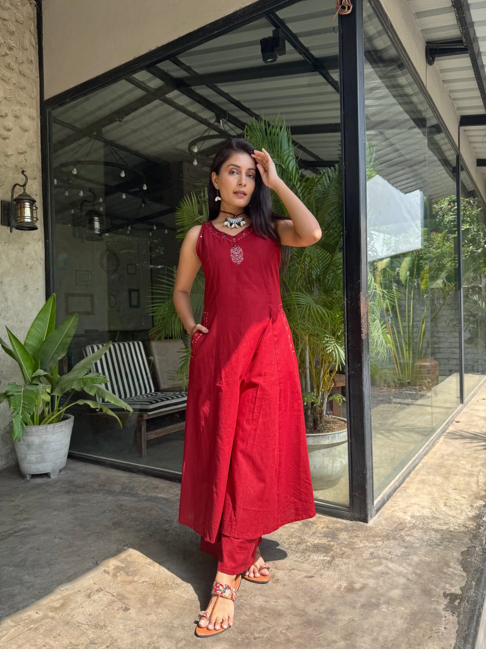 EMBROIDERY WORK A LINE KURTI PANT SET WITH BOTH SIDES POCKETS SET