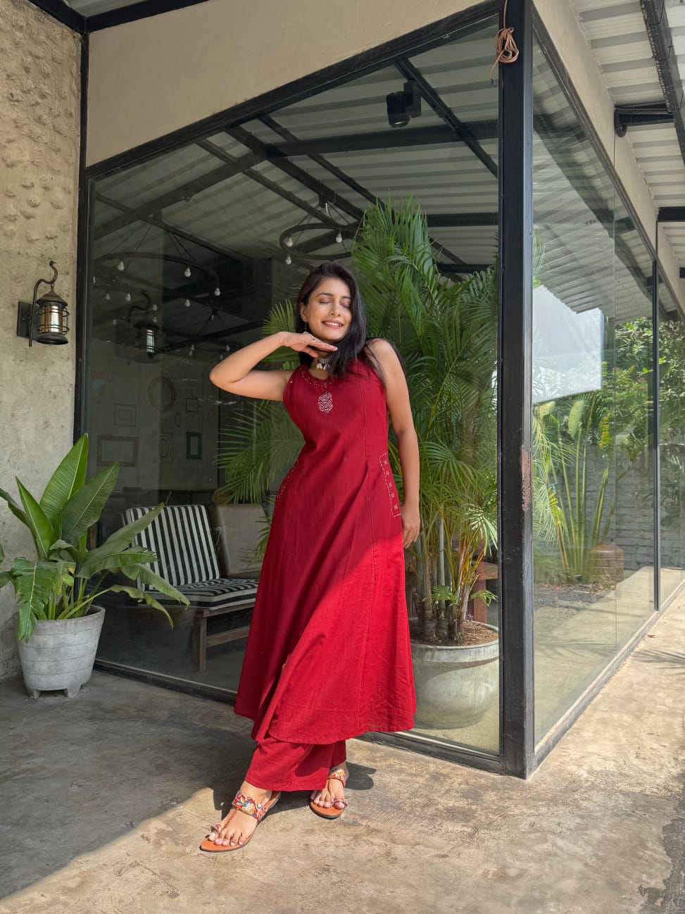 EMBROIDERY WORK A LINE KURTI PANT SET WITH BOTH SIDES POCKETS SET
