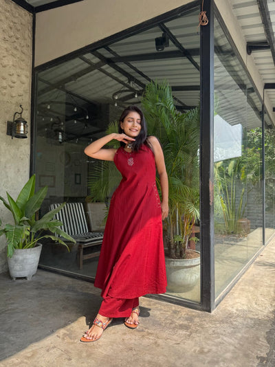 EMBROIDERY WORK A LINE KURTI PANT SET WITH BOTH SIDES POCKETS SET