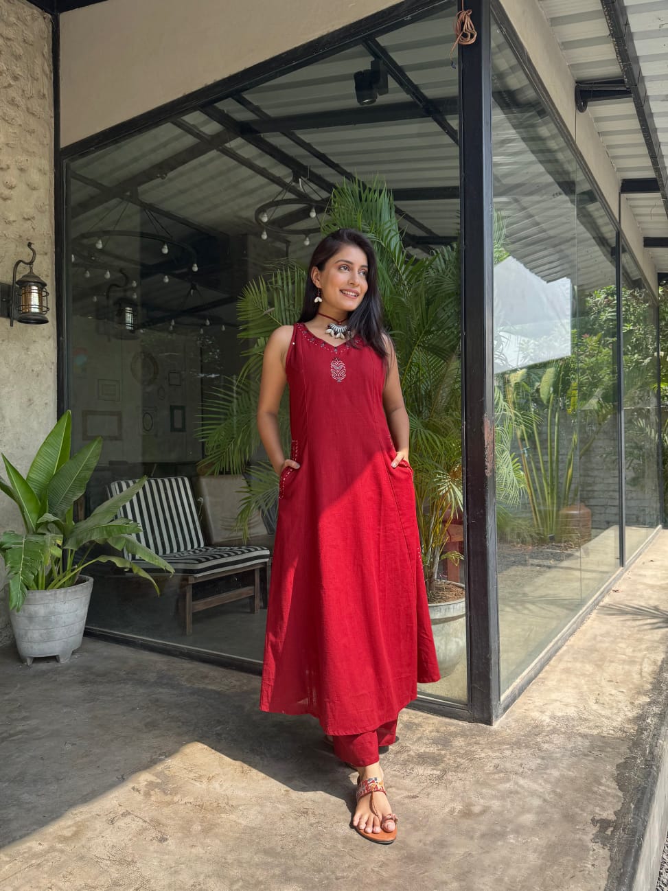 EMBROIDERY WORK A LINE KURTI PANT SET WITH BOTH SIDES POCKETS SET