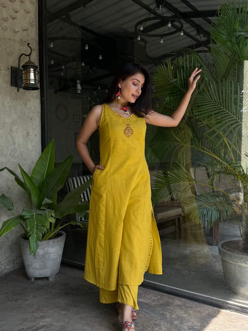 EMBROIDERY WORK A LINE KURTI PANT SET WITH BOTH SIDES POCKETS SET