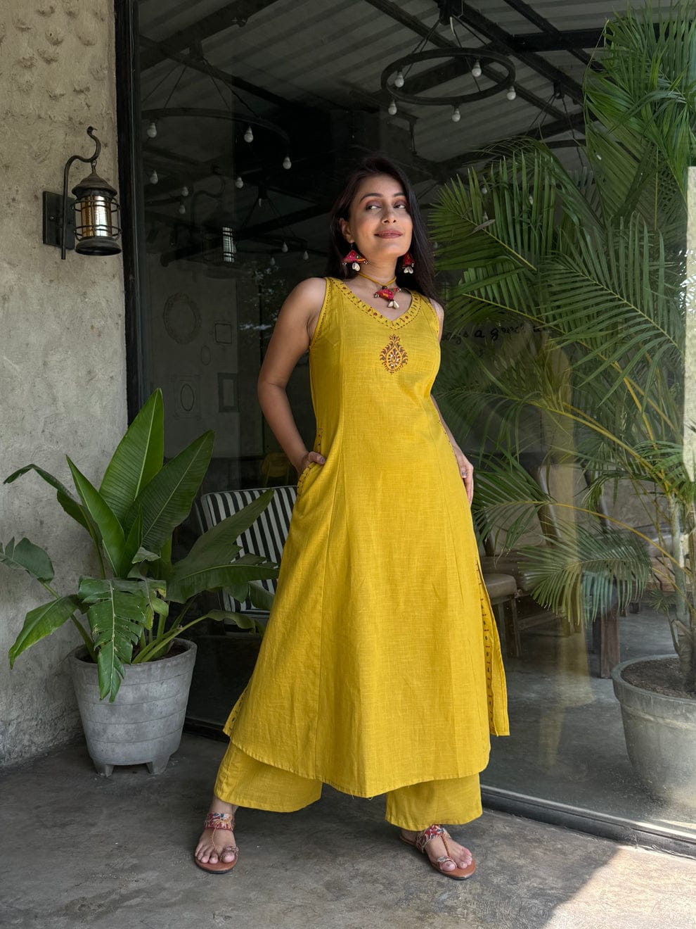 EMBROIDERY WORK A LINE KURTI PANT SET WITH BOTH SIDES POCKETS SET