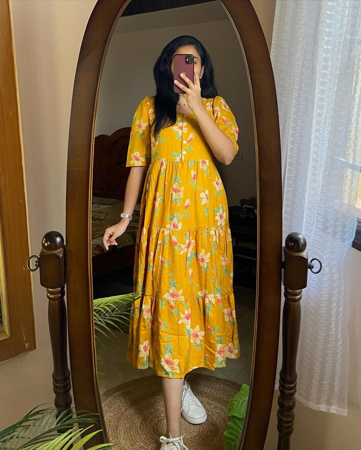 Beautiful mango yellow with floral print dress