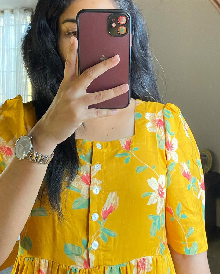 Beautiful mango yellow with floral print dress