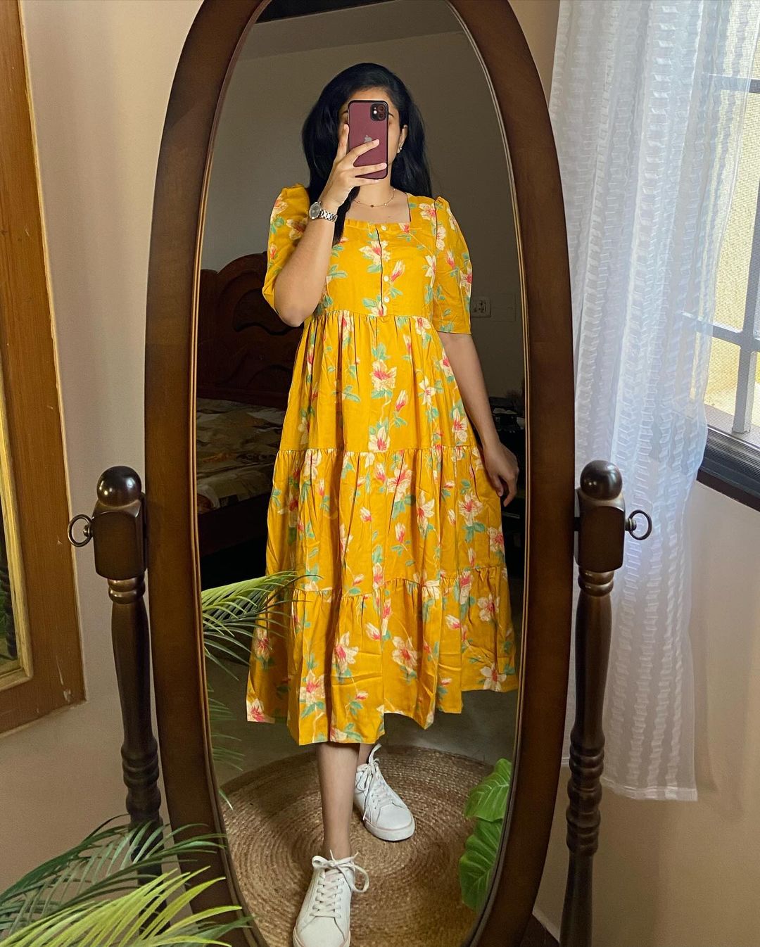 Beautiful mango yellow with floral print dress