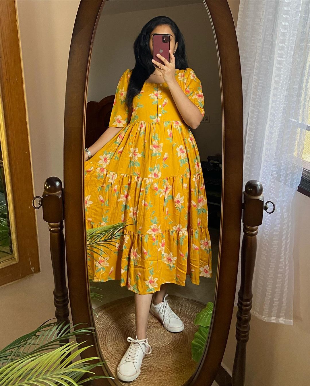 Beautiful mango yellow with floral print dress