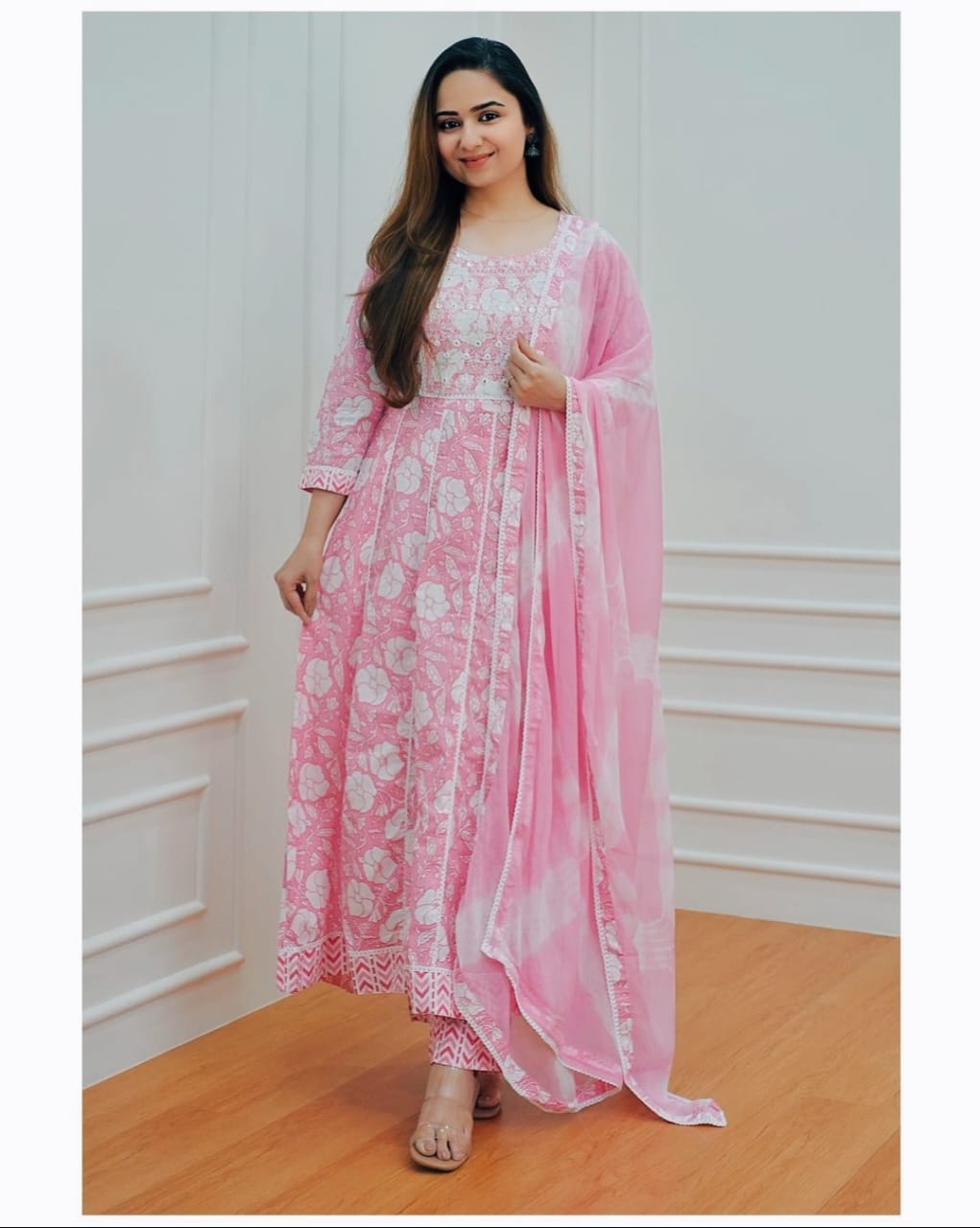 Anarkali kurti with  pant paired up with dupatta