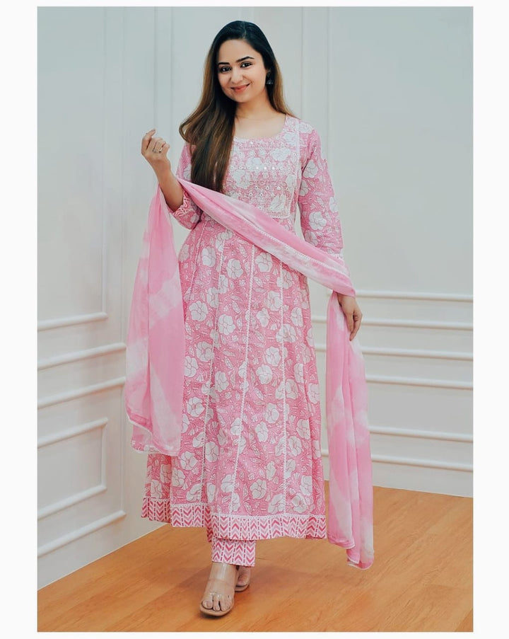 Anarkali kurti with  pant paired up with dupatta