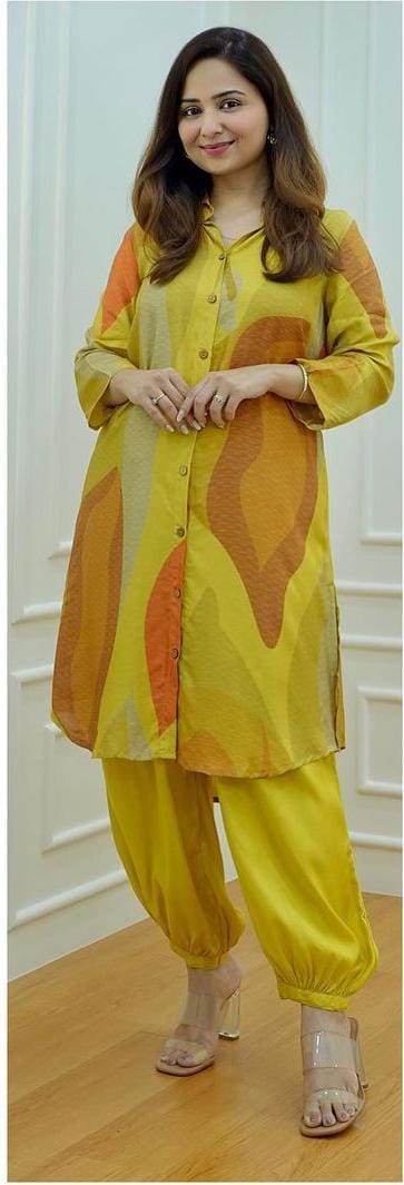 Yellow Printed Muslin Cotton Afghani Pant Cord Set