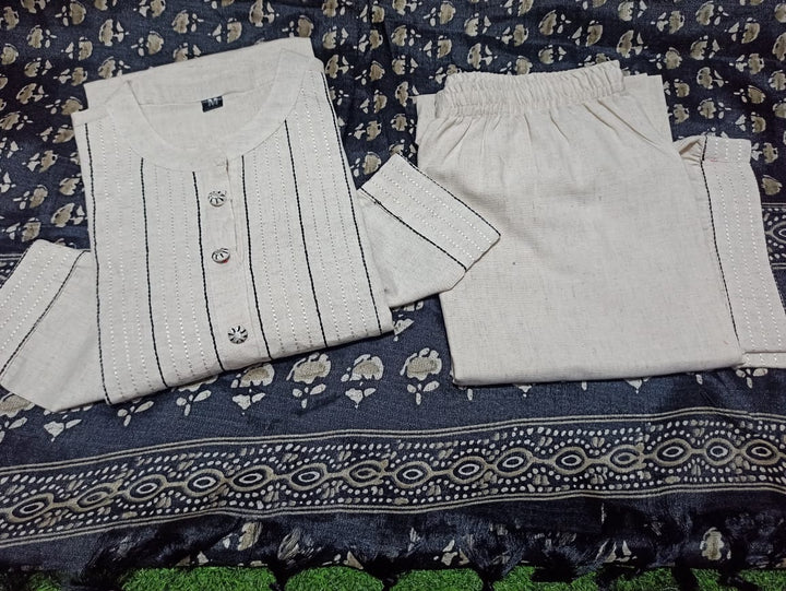 White Khadi Cotton Suit Set with Kantha Handwork Work