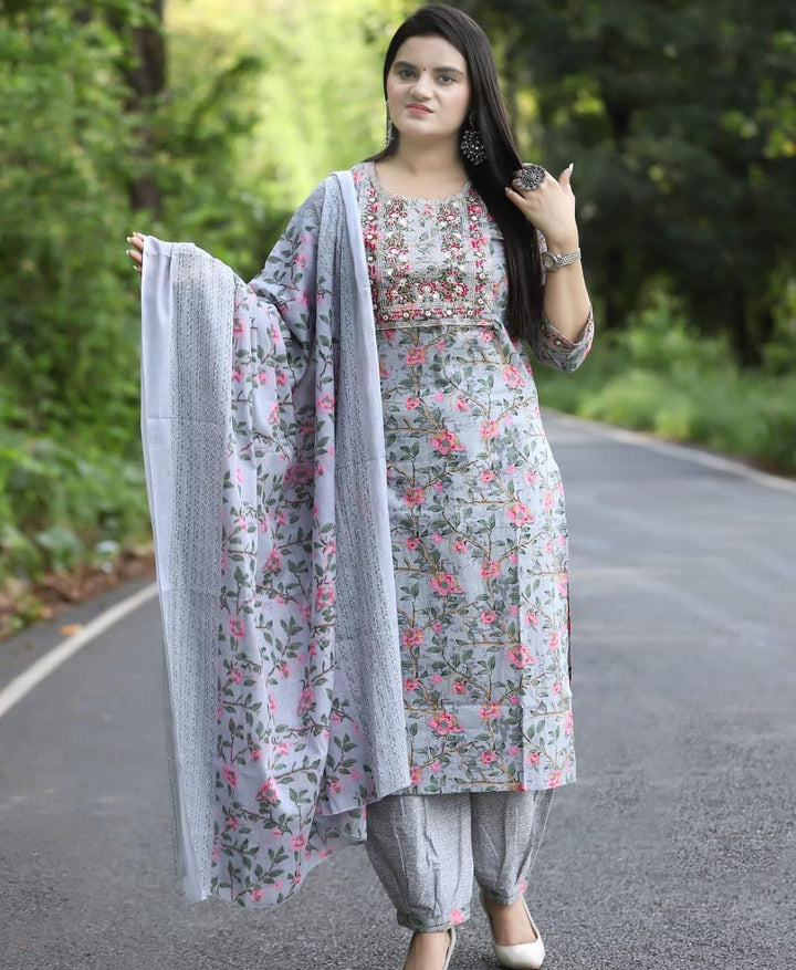 grey Afghani Style Cotton Kurta Set