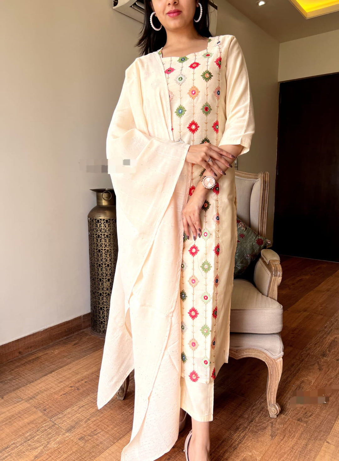 Cream Cotton Embroidery Reshami Suit