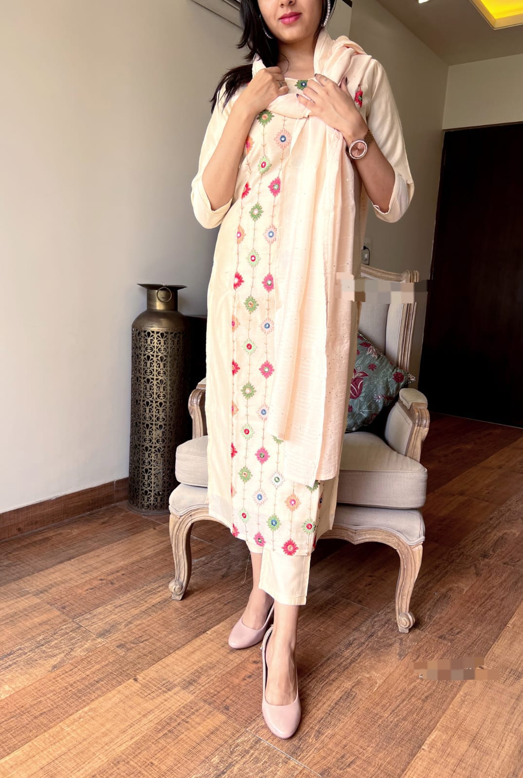 Cream Cotton Embroidery Reshami Suit