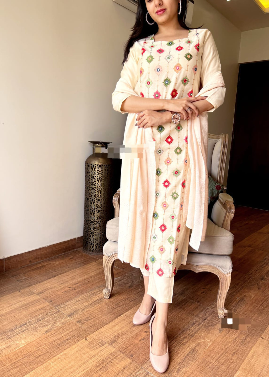 Cream Cotton Embroidery Reshami Suit