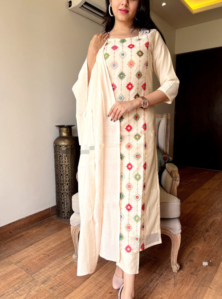 Cream Cotton Embroidery Reshami Suit