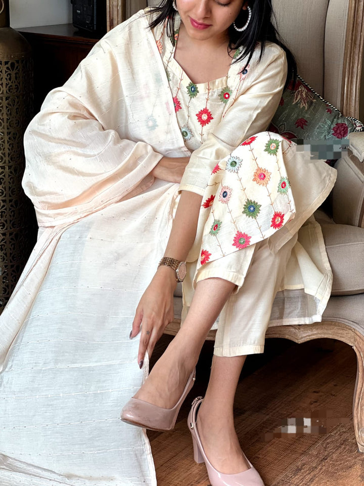 Cream Cotton Embroidery Reshami Suit