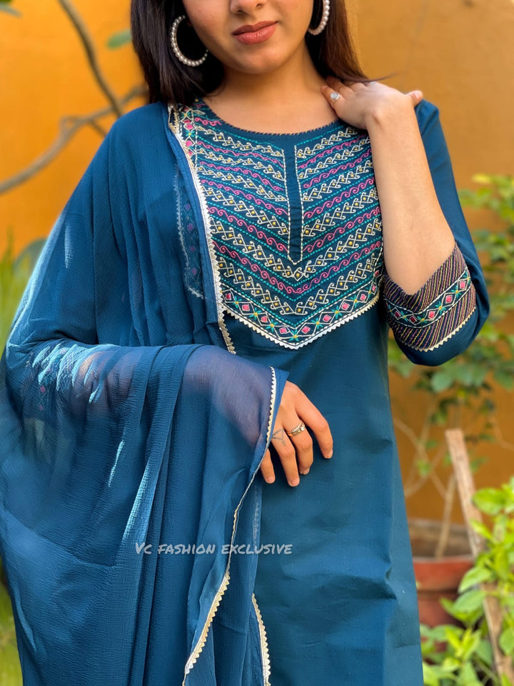 Blue Rayon Straight Kurti Pant Set