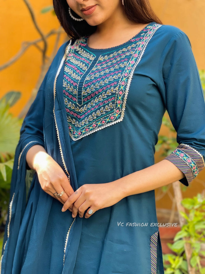 Blue Rayon Straight Kurti Pant Set