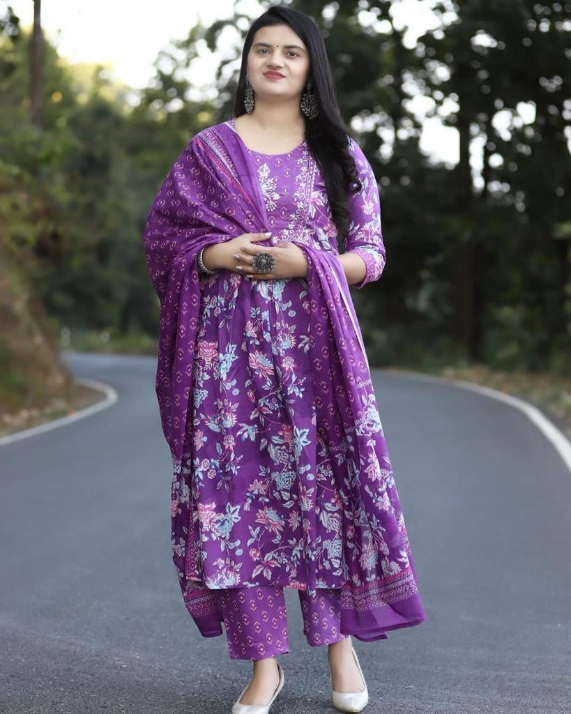 Purple Hand Block Print Kurti Set