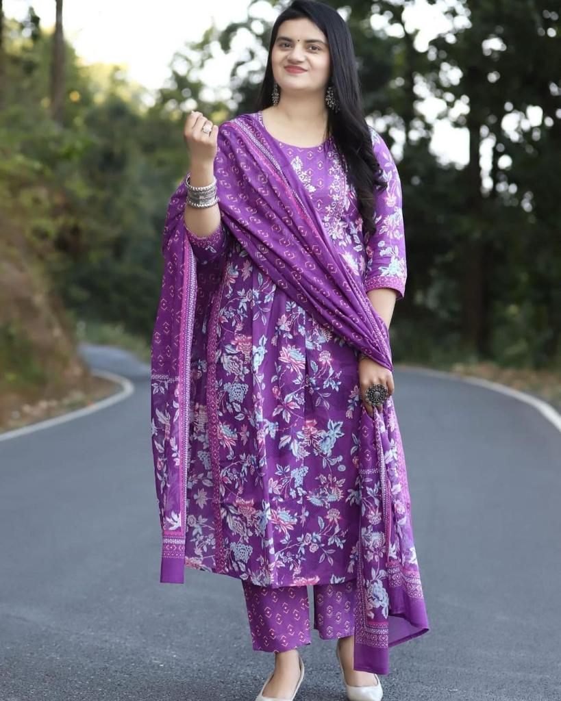 Purple Hand Block Print Kurti Set