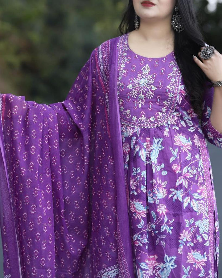 Purple Hand Block Print Kurti Set