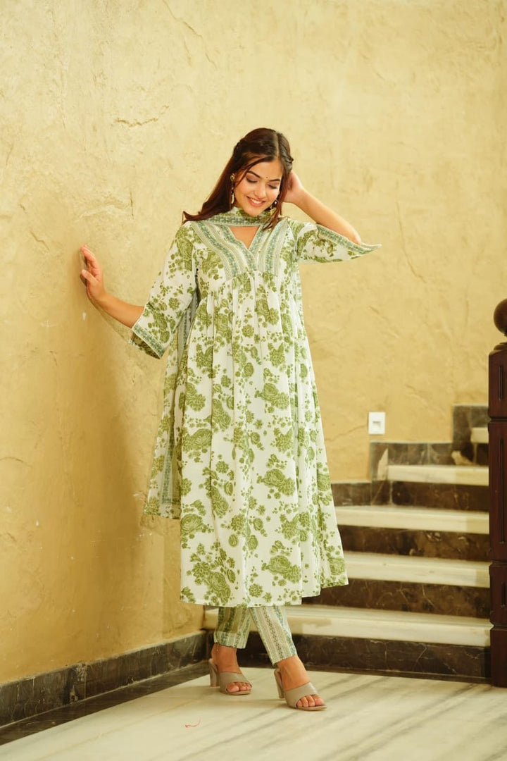 Cotton Green Nayra Cut V Shape Kurti set