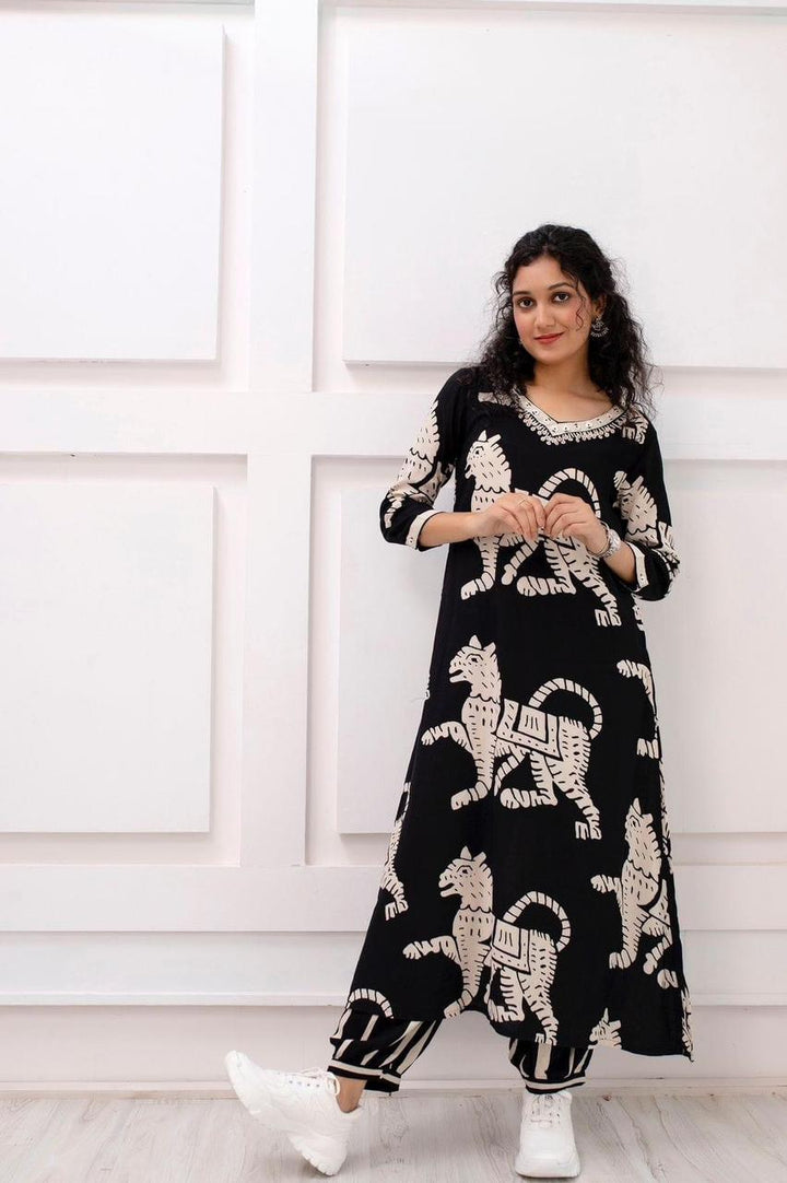 Black Rayon Printed Kurti Set