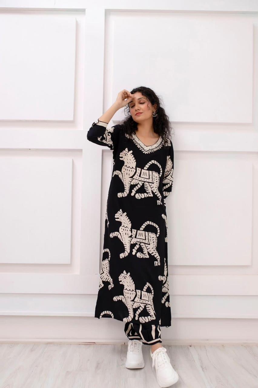 Black Rayon Printed Kurti Set