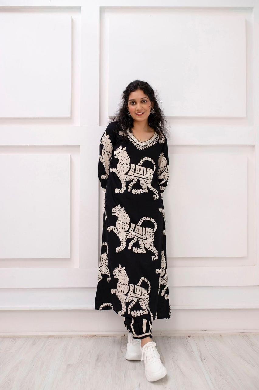 Black Rayon Printed Kurti Set